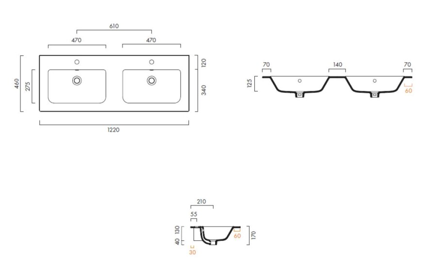 CATALANO PROGETTO dvojumyvadlo 122 cm, se 2 otvory pro baterii a přepadem, Cataglaze+Silver Titanium