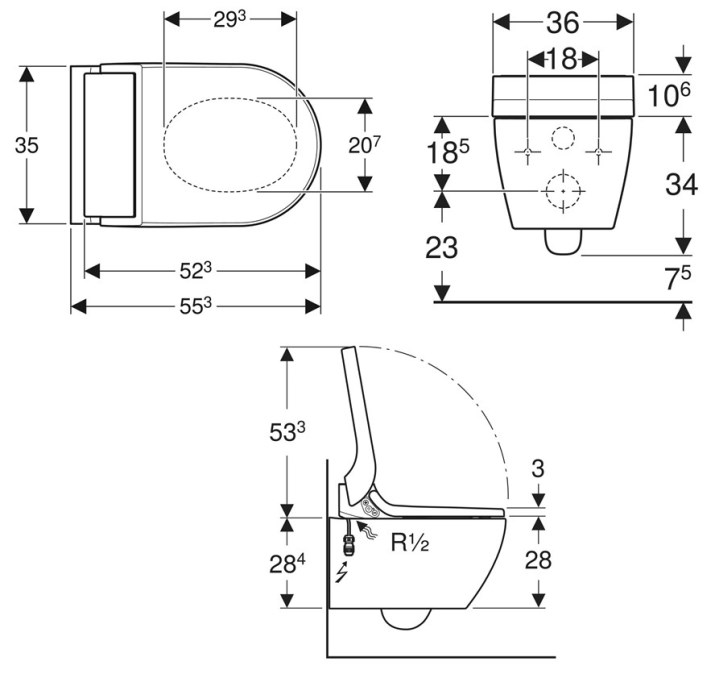 GEBERIT AQUACLEAN TUMA COMFORT závěsné WC s bidetovým sedátkem, SoftOpening, Rimless, KeraTect, bílá/bílé sklo