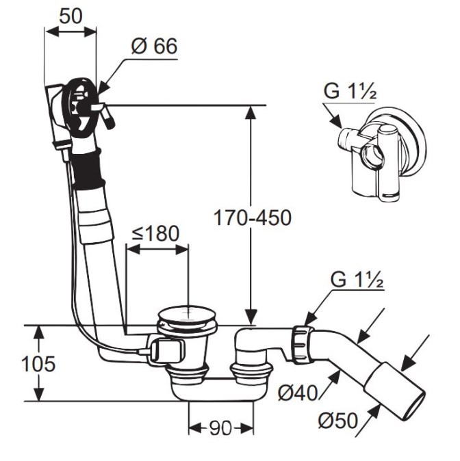 KLUDI ROTEXA vanový siphon 45 cm, s napouštěním přepadem, bovden