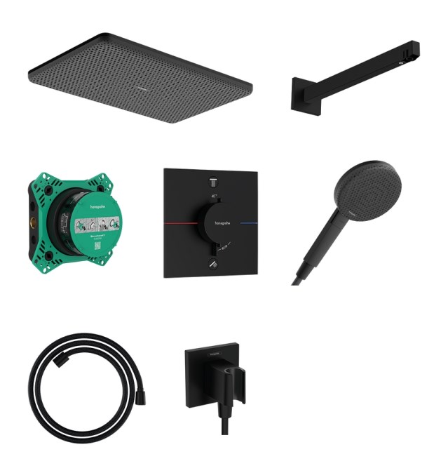 HANSGROHE RAINDANCE ALIVE Q sprchový set s termostatickou podomítkovou baterií, horní sprcha, ruční sprcha se 3 proudy, hadice, držák, kolínko, matná černá