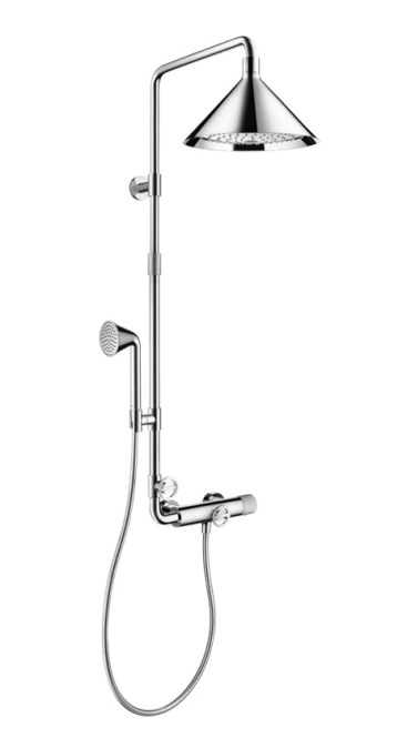 AXOR SHOWERPIPE FRONT sprchový set s termostatickou baterií, horní sprcha, ruční sprcha, teleskopická tyč, hadice, chrom