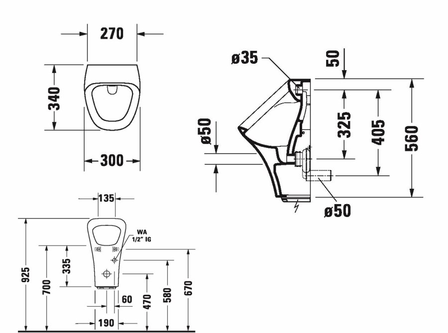 DURAVIT DURASTYLE pisoár s elektronickým splachovačem, napájení z baterie, zadní přívod vody