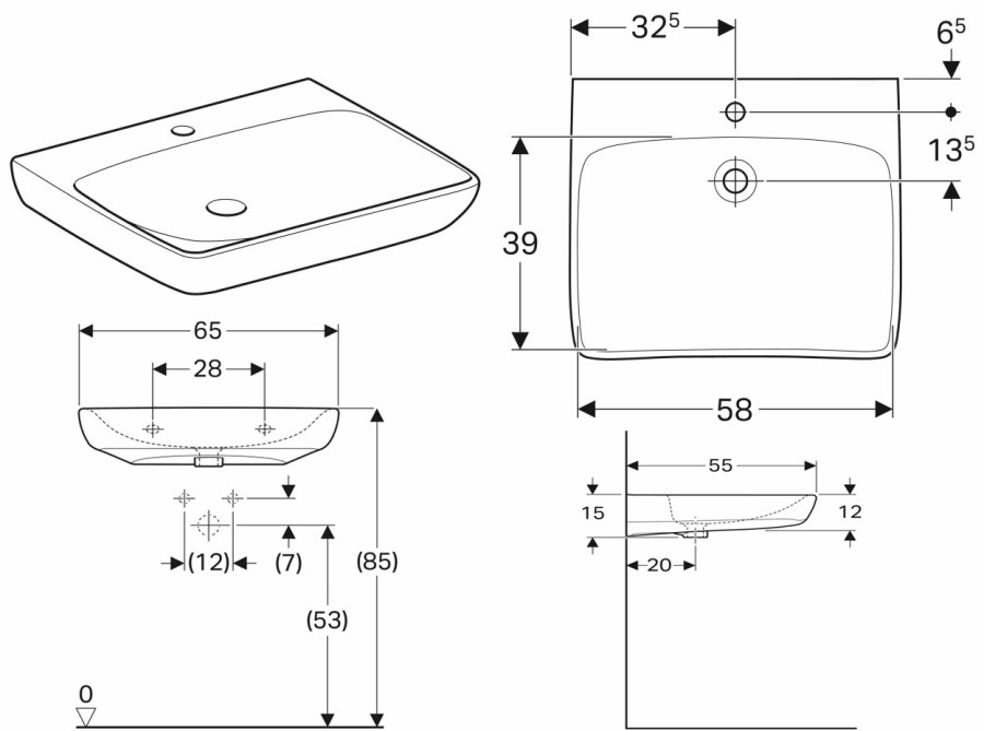 GEBERIT SELNOVA COMFORT bezbariérové umyvadlo 65 cm, s otvorem pro baterii, bez přepadu