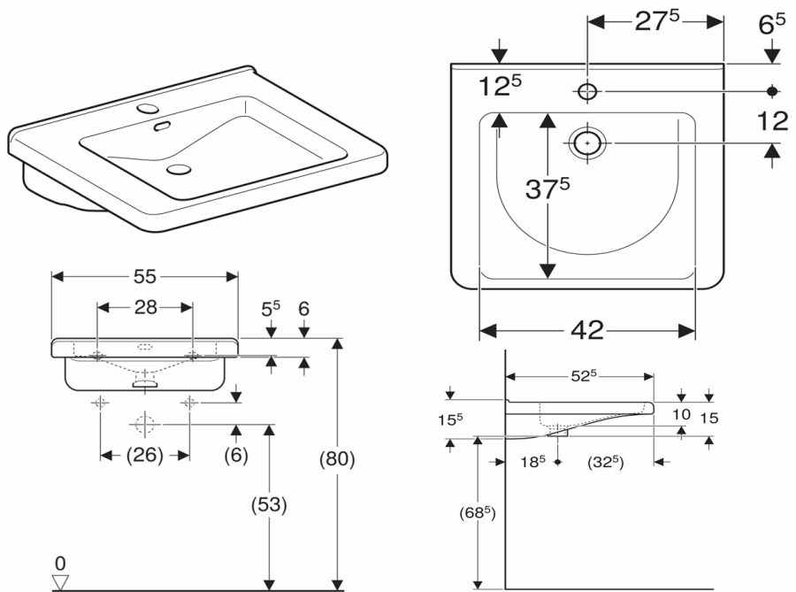 GEBERIT SELNOVA COMFORT SQUARE bezbariérové umyvadlo 55 cm, s otvorem pro baterii a přepadem