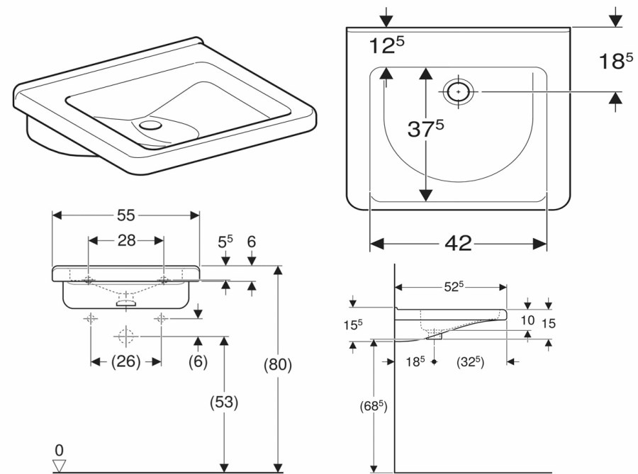 GEBERIT SELNOVA COMFORT SQUARE bezbariérové umyvadlo 55 cm, bez přepadu