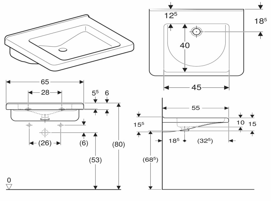 GEBERIT SELNOVA COMFORT SQUARE bezbariérové umyvadlo 65 cm, bez přepadu