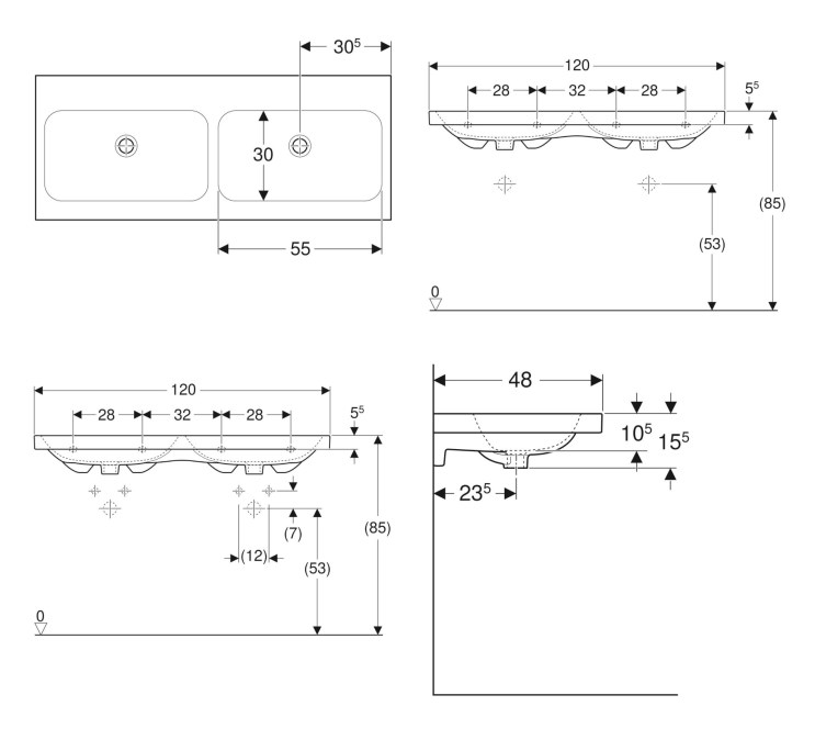 GEBERIT ICON LIGHT dvojumyvadlo 120 cm, bez přepadu, KeraTect