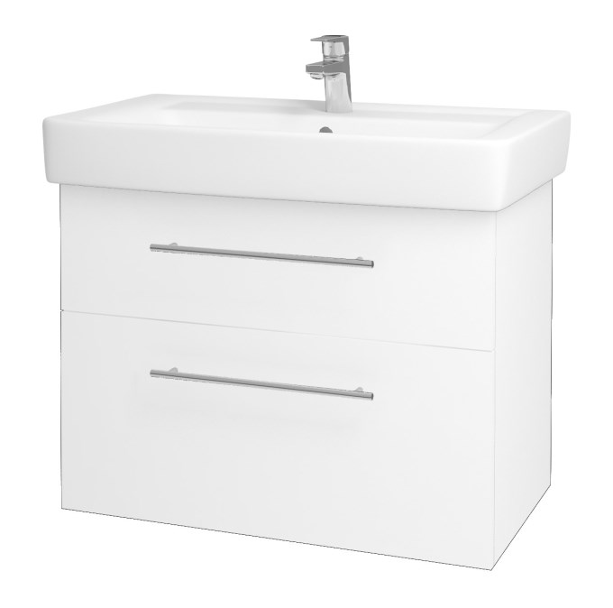 DŘEVOJAS Q MAX SZZ2 80 skříňka s umyvadlem 80x47,5x56 cm, 2 zásuvky, úchytka ocel, lesklá bílá/bílá vysoký lesk