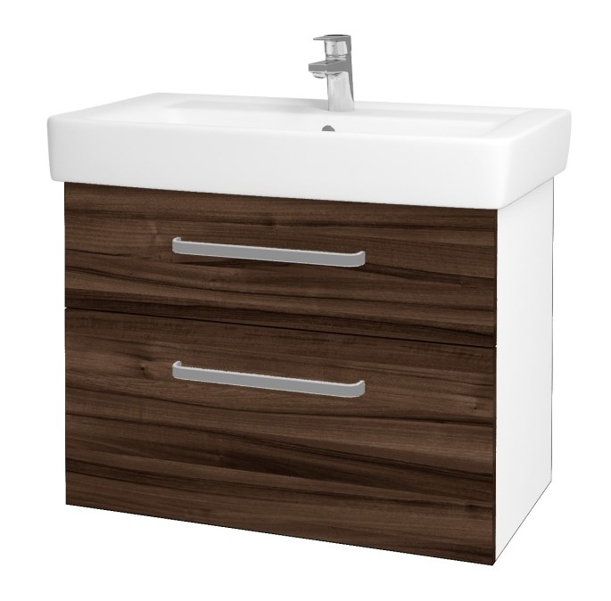 DŘEVOJAS Q MAX SZZ2 80 skříňka s umyvadlem 80x47,5x56 cm, 2 zásuvky, úchytka hliník mat, lesklá bílá/ořech