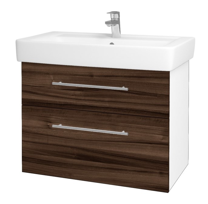 DŘEVOJAS Q MAX SZZ2 80 cabinet s umyvadlem 80x47,5x56 cm, 2 zásuvky, úchytka ocel, lesklá white/ořech