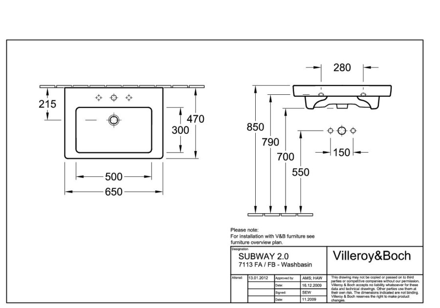 VILLEROY & BOCH SUBWAY 2.0 umyvadlo 65 cm, s otvorem pro baterii a přepadem, alpská bílá