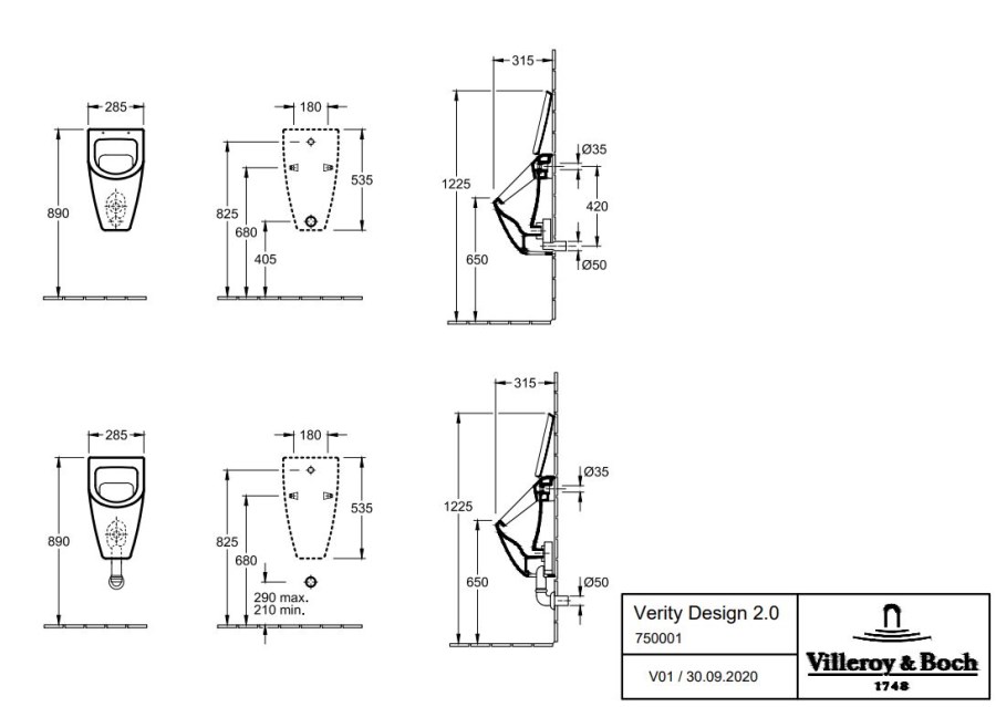 VILLEROY & BOCH VERITY DESIGN 2.0 pisoár, zadní přívod vody, alpská bílá