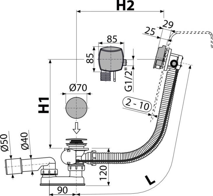 ALCA vanový siphon 57 cm, s napouštěním přepadem, bovden, chrom