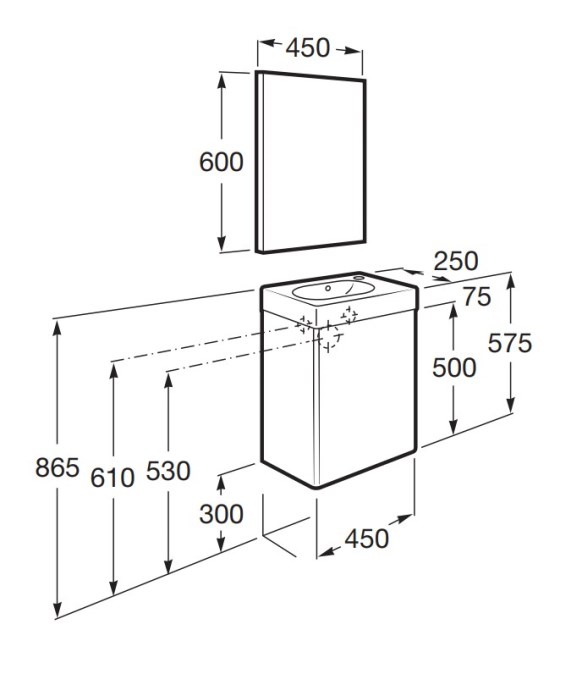 ROCA PACK MINI skříňka s umývátkem 45x25x57,5 cm, 1 dvířka, se zrcadlem, dub