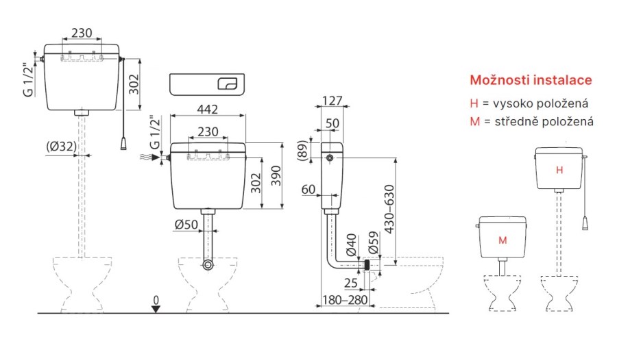 ALCA A930-H-1/2 UNI DUAL WC nádržka, boční přívod vody, Dual splachování