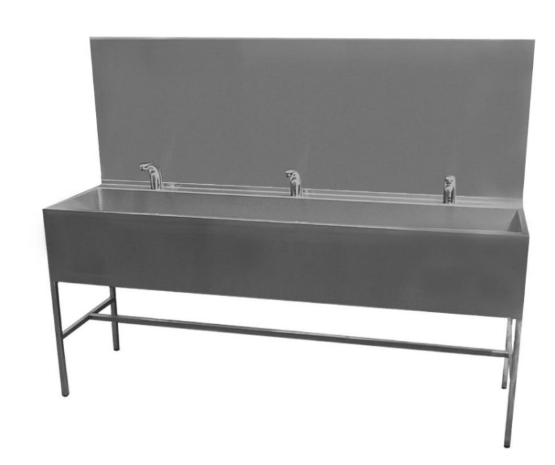 AZP BRNO oboustranný mycí žlab 190 cm, na podlahu, 6 termostatických senzorových baterií, napájení ze sítě, nerez