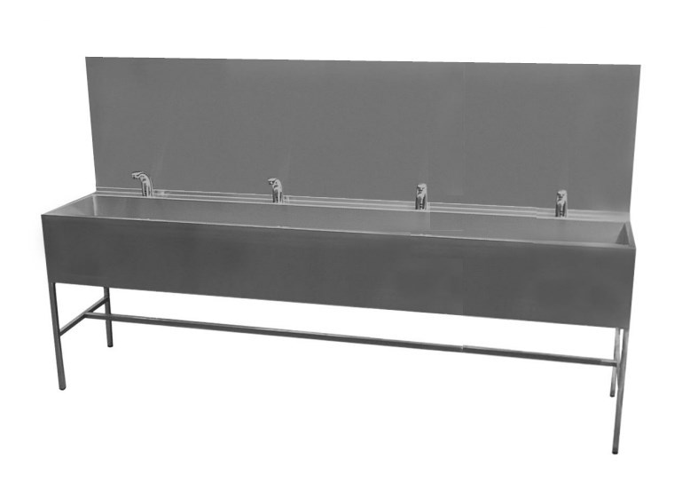 AZP BRNO oboustranný mycí žlab 250 cm, na podlahu, 8 termostatických senzorových baterií, napájení ze sítě, nerez