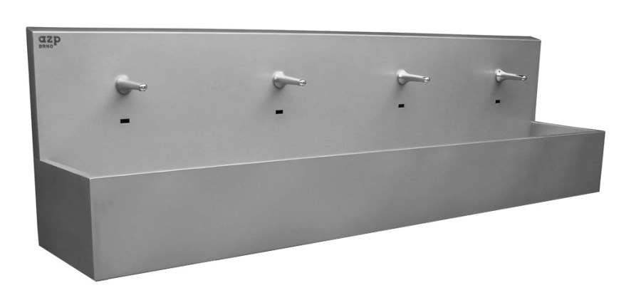 AZP BRNO mycí žlab 250 cm, 4 termostatické senzorové baterie, napájení ze sítě, nerez