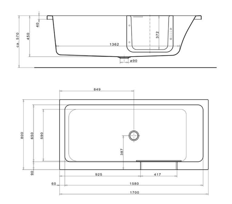 GKI DUOSETRF vana 170x80 cm, s dvířky, se zástěnou a sedátkem, s panelem pro obložení dlaždicemi, akrylát