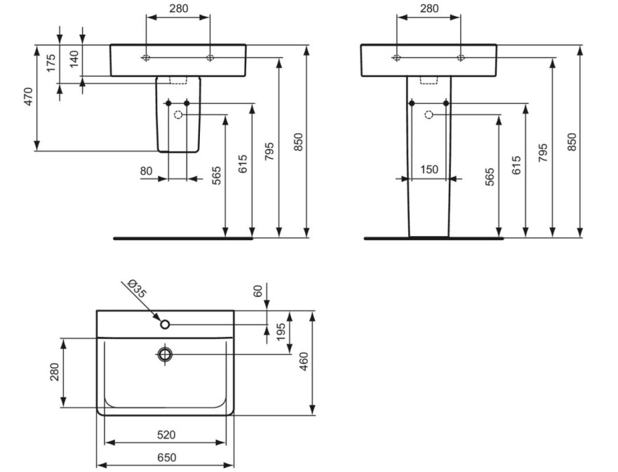 IDEAL STANDARD CONNECT CUBE umyvadlo 65 cm, s otvorem pro baterii, bez přepadu