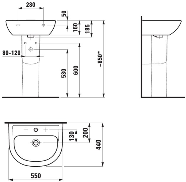 LAUFEN PRO B umyvadlo 55 cm, s otvorem pro baterii a přepadem
