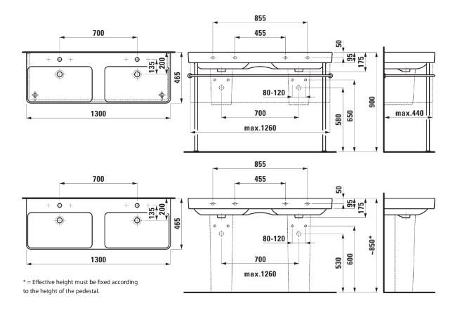 LAUFEN PRO S dvojumyvadlo 130 cm, se 2 otvory pro faucets a přepadem