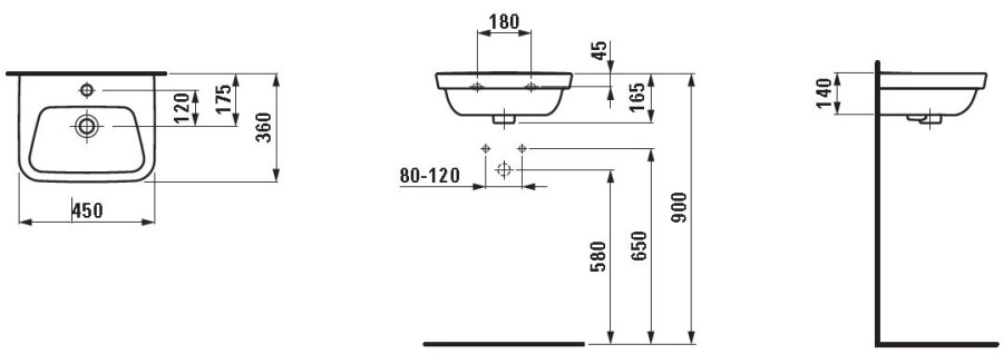 LAUFEN MODERNA PLUS umývátko 45 cm, s otvorem pro baterii a přepadem