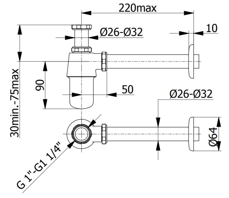 RAF designový sifon k umyvadlu DN32, s převlečnou maticí 5/4, chrom