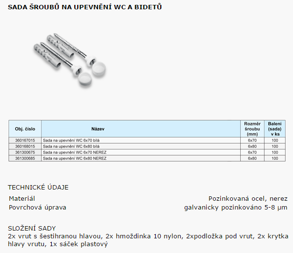 Sada na upevnění WC a bidetů 6x70mm, bílá, ocel