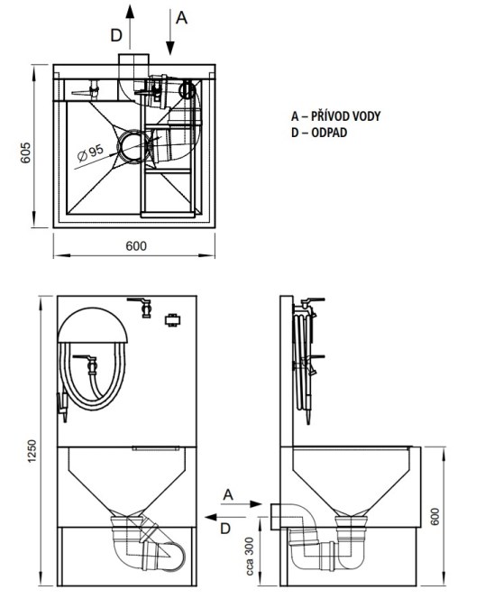 AZP BRNO výlevka pro chemické WC 60 cm, s napouštěcím ventilem a roštem, nerez