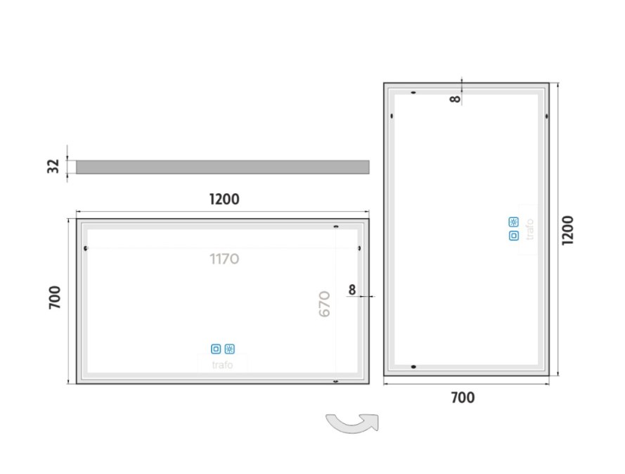 NIMCO ZP 13000 zrcadlo 120x70 cm, reverzibilní, s osvětlením, s regulací stmívání a teploty světla, se dvěma senzory