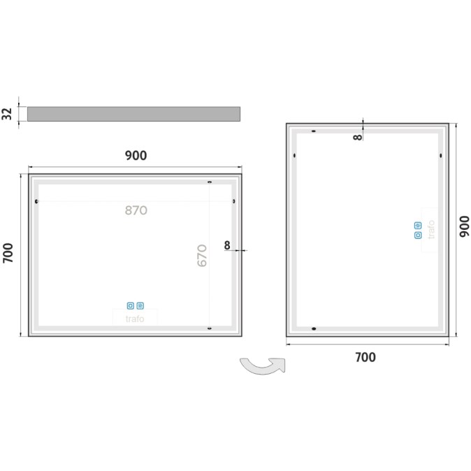 NIMCO ZP 13000 zrcadlo 90x70 cm, reverzibilní, s osvětlením, s regulací stmívání a teploty světla, se dvěma senzory